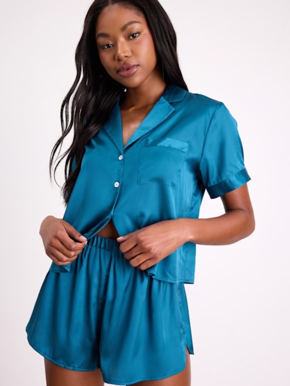 Lulus Pleasant Dreams Teal Satin Two-piece Pajama Set Blue - Size L